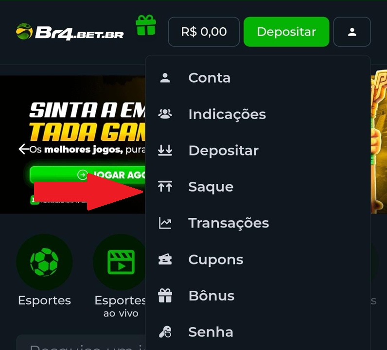 clicando em saque no menu br4bet