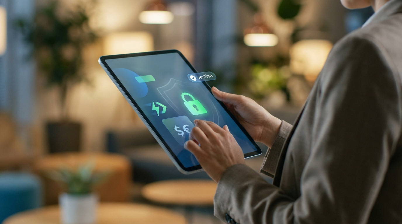 Person holds a tablet showing security padlock, shield, 'verified' badge, and fast transaction icons. Modern, blurred interior background.