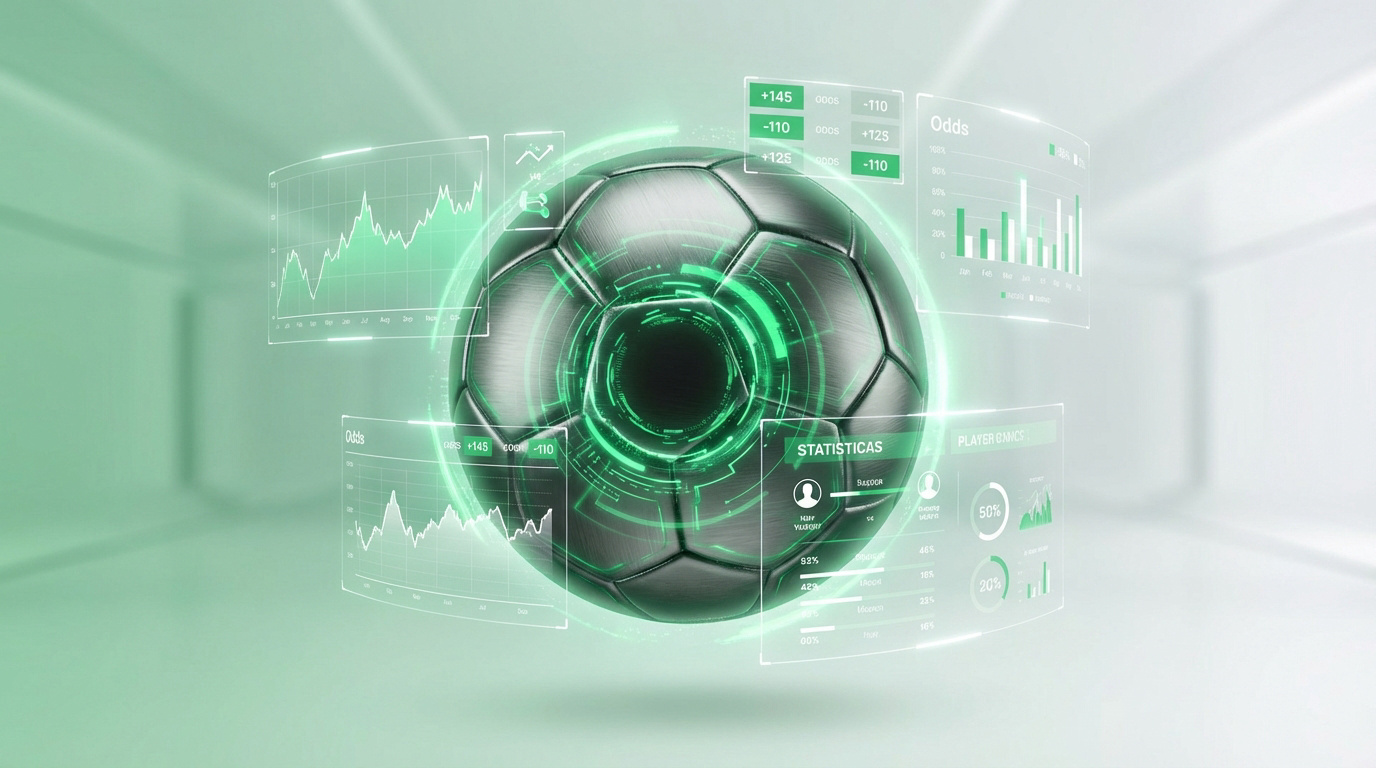 Bola de futebol cinza com anéis de energia verdes, rodeada por interfaces holográficas exibindo gráficos de odds, estatísticas e dados.