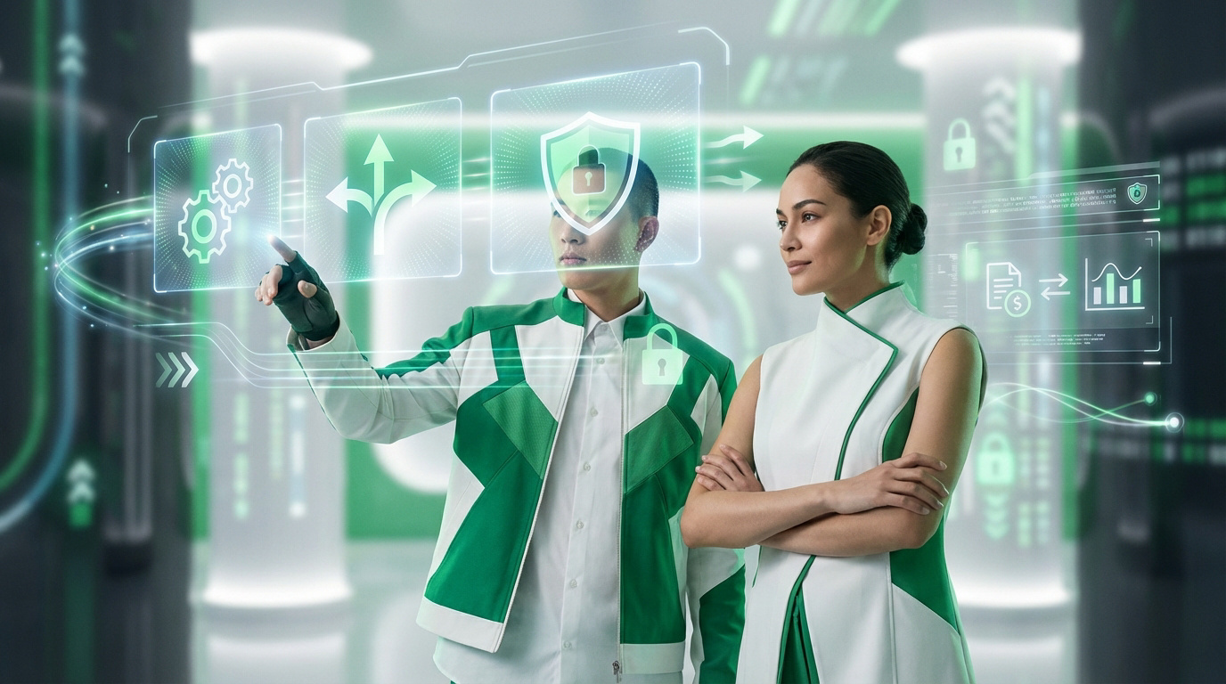 Duas pessoas em ambiente tecnológico futurista. Um homem interage com interface holográfica de segurança e dados; uma mulher observa.