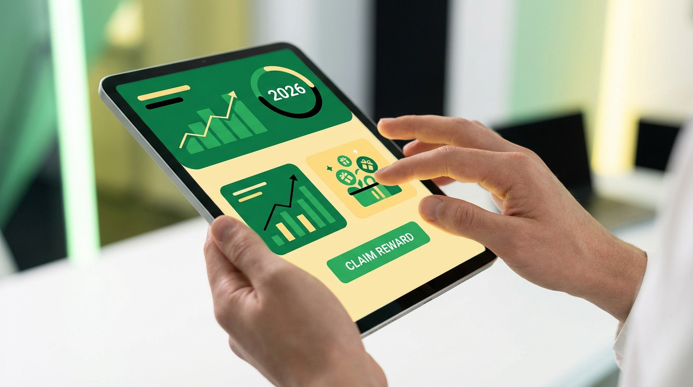 Mãos segurando um tablet com tela verde e amarela exibindo gráficos de crescimento, ano 2026 e botão 'Claim Reward' com ícones de presente.