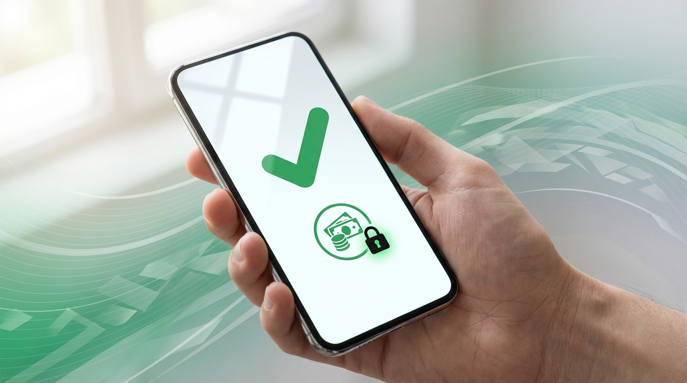 Mão segura celular com visto verde na tela, indicando sucesso. Ícone de dinheiro e cadeado simboliza saque seguro e rápido.